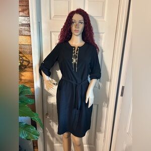 Michael Kors Dress M Black Slinky Knit Pullover Silver Chain Neckline